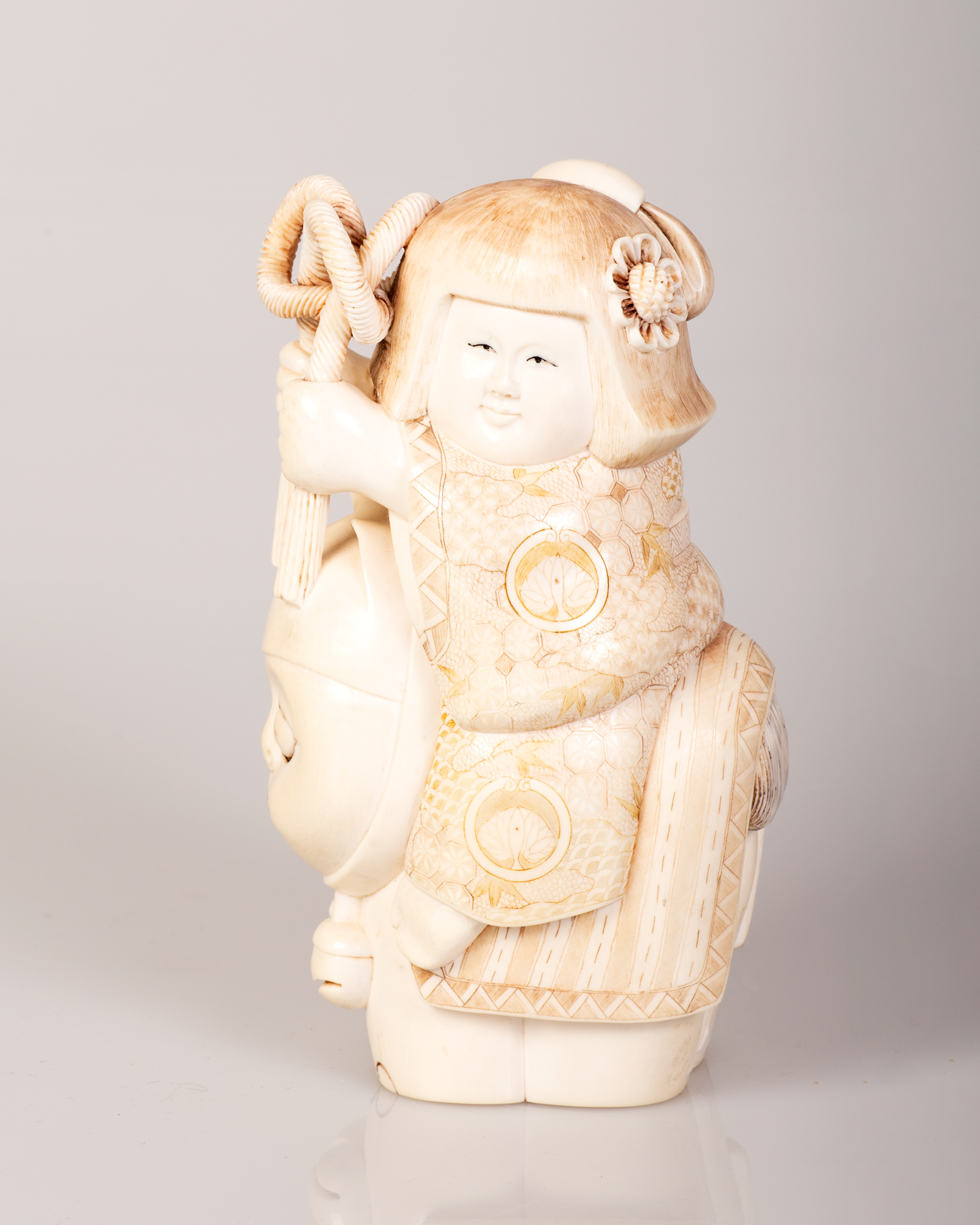 Chinese Bone Figurine - Figure of 'An Adolescent Girl Riding a Cat'