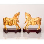 Pair of Bone Horses Set w/ Colorful Gemstones on Matching Wood Stand