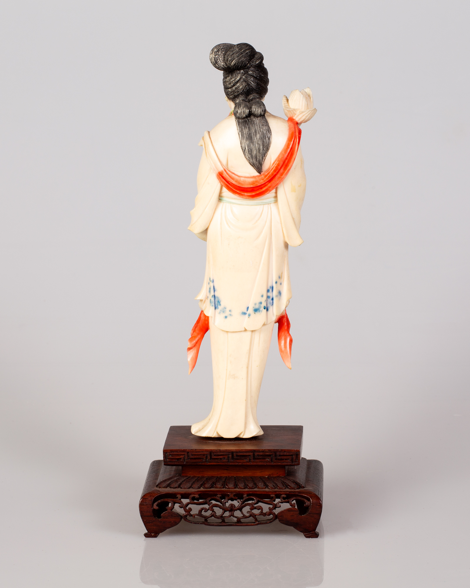 Old Chinese Bone Sculpture Girl Holding a Flower on Matching Wooden Stand - Image 2 of 3