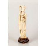 Chinese Bone Sculpture Figure of Beautiful Girl Holding a Long Wand & Flowery Bouquet