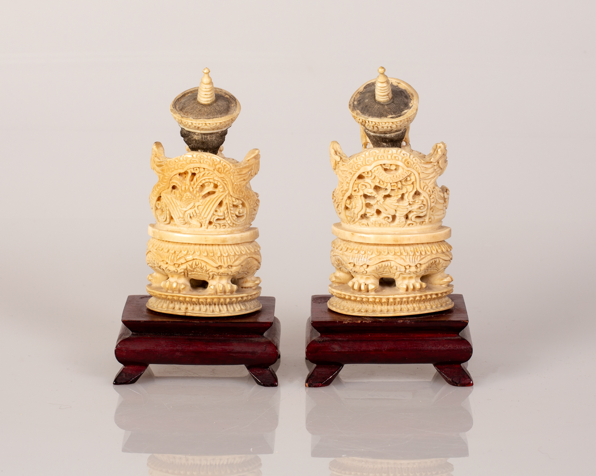 Pair of Old Chinese Bone Sculptures Emperor & Empress Figure on Wooden Stand - Image 2 of 3