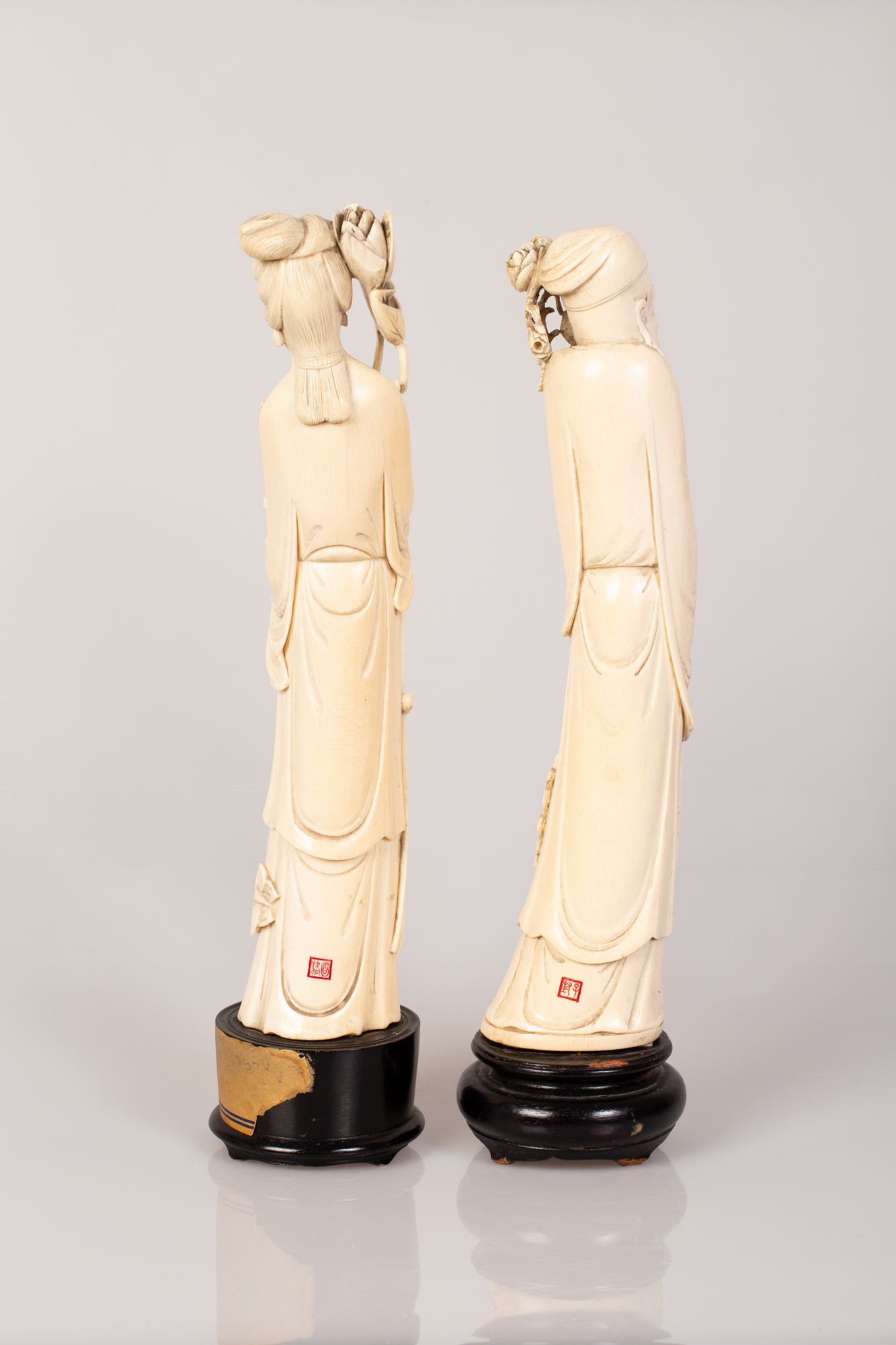 Pair of Chinese Bone Sculptures Figure of Man & Woman Holding Flowers - Image 2 of 3