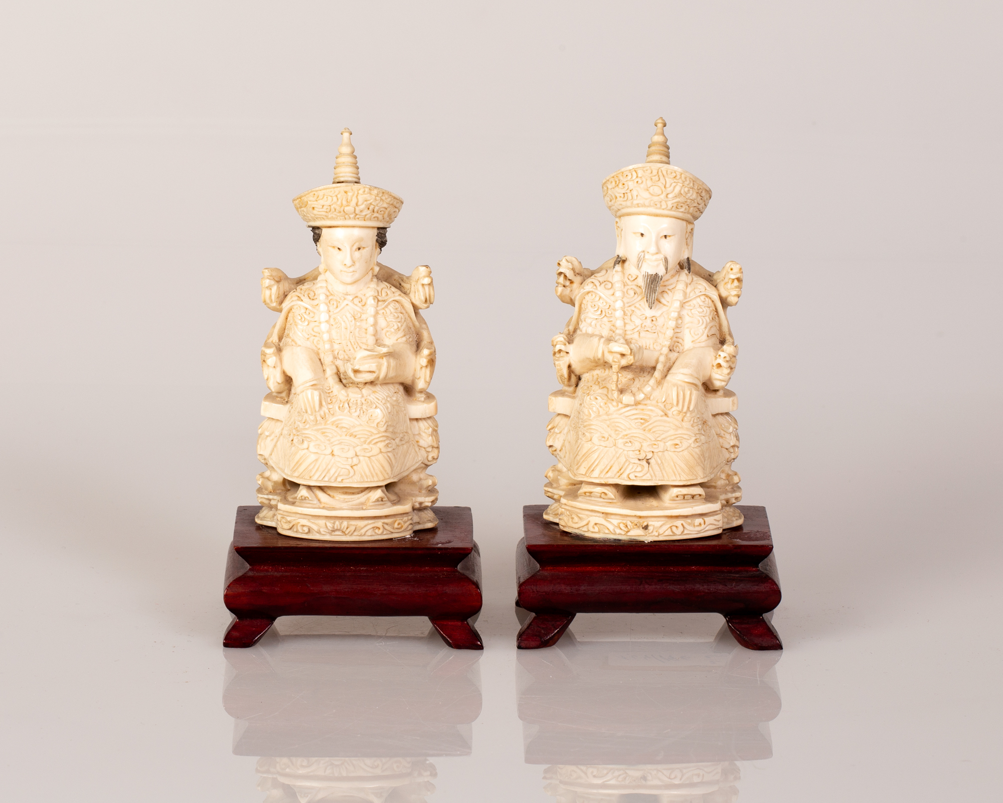 Pair of Old Chinese Bone Sculptures Emperor & Empress Figure on Wooden Stand