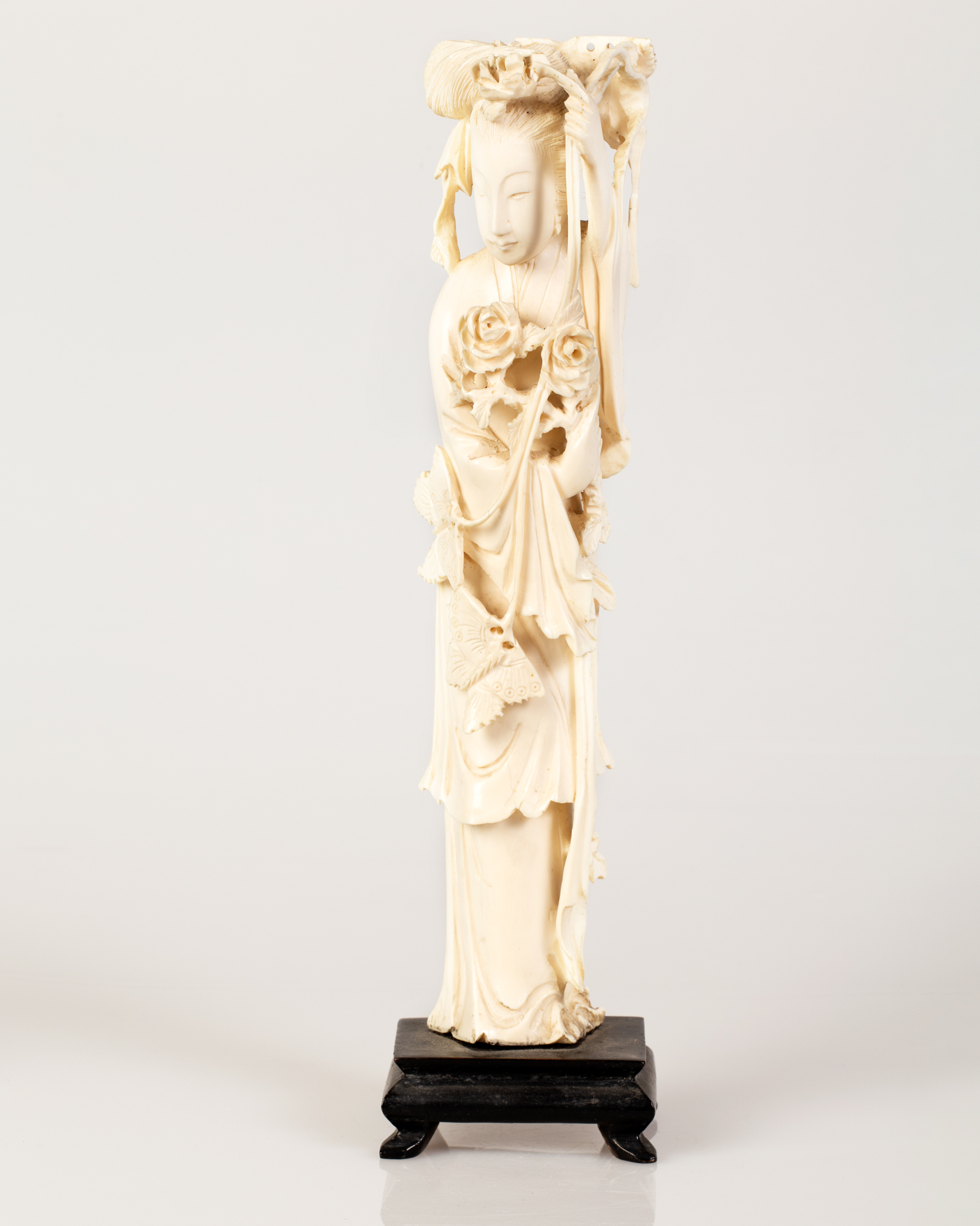 Chinese Bone Sculpture Girl Holding a Flowering Bouquet & High Wand in Her Hand