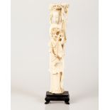 Chinese Bone Sculpture Girl Holding a Flowering Bouquet & High Wand in Her Hand