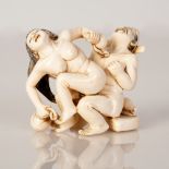 Old Erotic Japanese Bone Statuette Scene Couple of Lovers