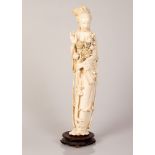 Old Chinese Bone Sculpture Girl Holding Flower Bouquet Figure