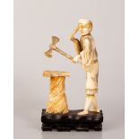 Bone Sculpture Man Holding a Machete & Axe on Wooden Stand