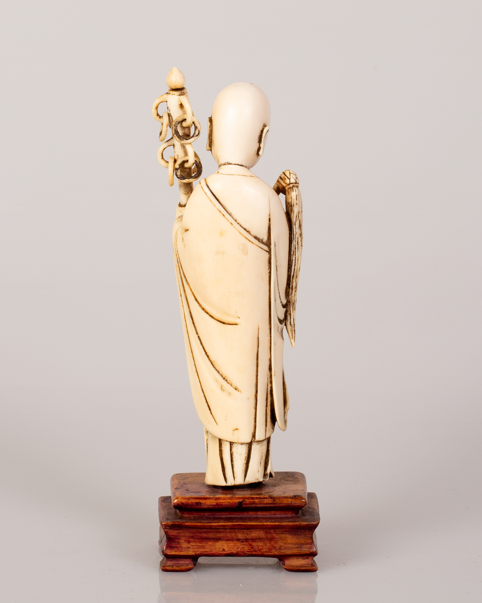 Chinese Bone Sculpture Girl Holding a Wand on Wooden Stand - Image 2 of 3