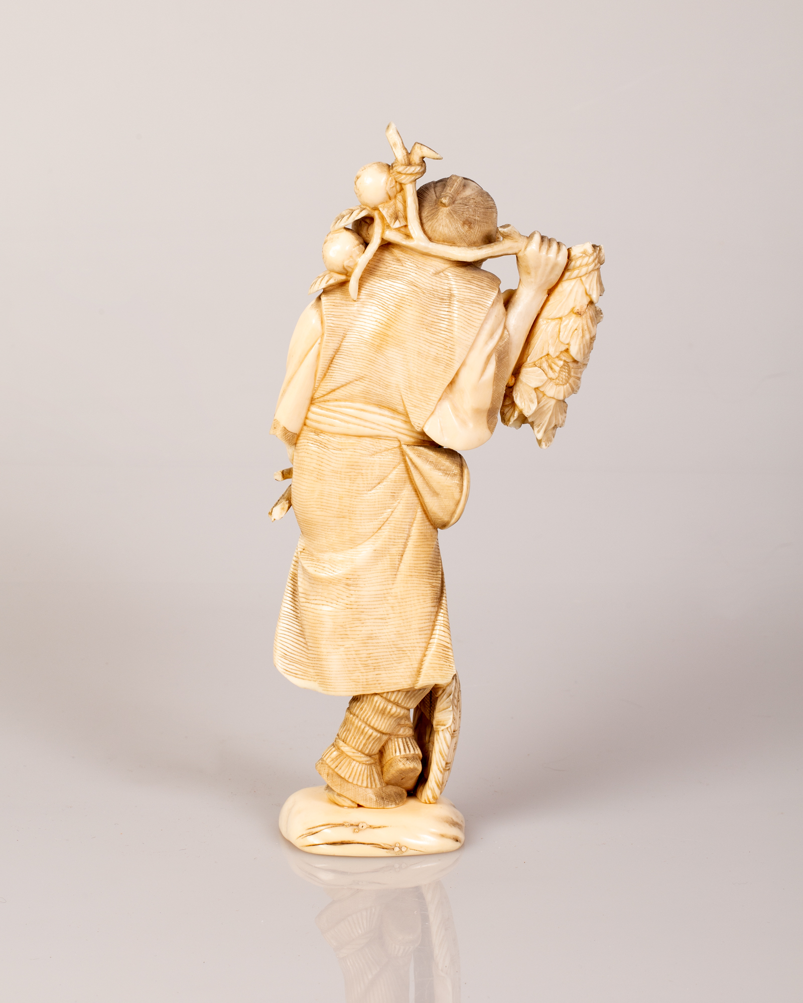 Old Japanese Okimono Bone Sculpture, Figure Holding a Fruit Branch - Image 3 of 4