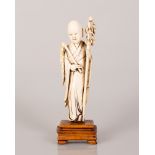 Chinese Bone Sculpture Girl Holding a Wand on Wooden Stand