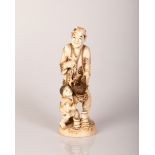 Old Japanese Okimono Bone Sculpture Father and Son Feeding a Squirrel Figure