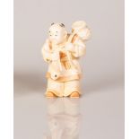 Bone Statuette Boy Holding a Fish w/ Basket on His Back Figure