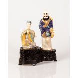 Old Chinese Statuette Man and Girl Figure on Wooden Bone & Cloisonne Stand