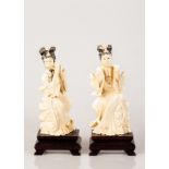 Pair of Chinese Sculptures, Old Bone Girls Playing Music on Matching Wooden Stand