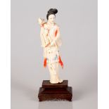 Old Chinese Bone Sculpture Girl Holding a Flower on Matching Wooden Stand