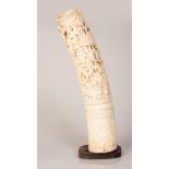 African Bone Tusk Depicting People's Village Life on Wooden Stand