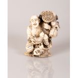 Japanese Okimono Bone Sculpture, The Gift Seller, Signed