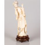 Chinese Bone Sculpture Girl on Matching Wooden Stand