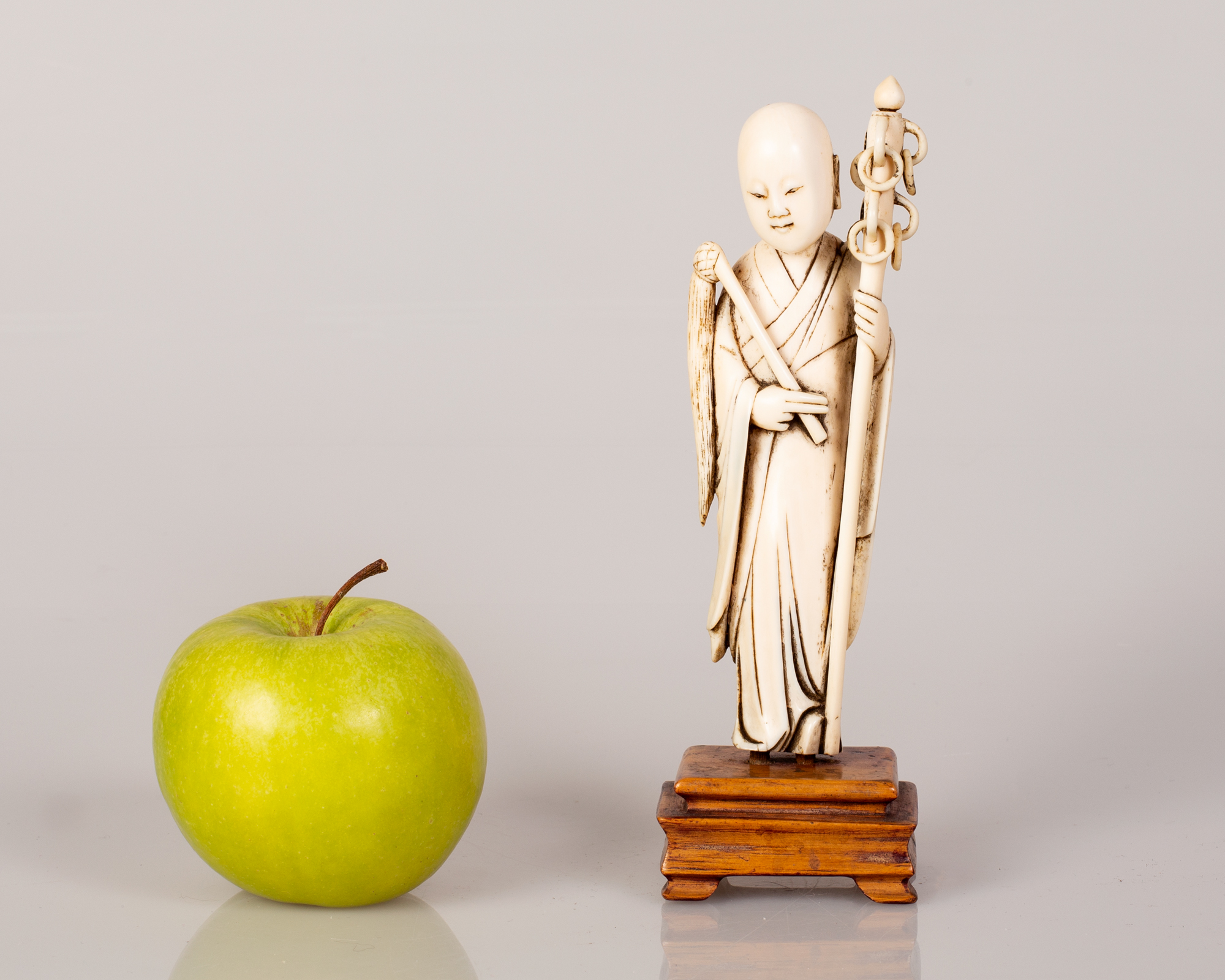 Chinese Bone Sculpture Girl Holding a Wand on Wooden Stand - Image 3 of 3