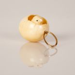 Bone Statuette Baby Chicken Inside Egg, Converted to Pendant Integrated w/ 14K Gold