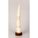 Full African Bone Tusk Bare-Breasted Girl Figure on Wooden Stand