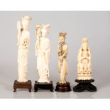 Lot of 4 Old Chinese Bone Statuettes, Girls on Wooden Stand