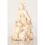 Old Chinese Bone Statuette Woman & Her Son Sitting on Mountainside
