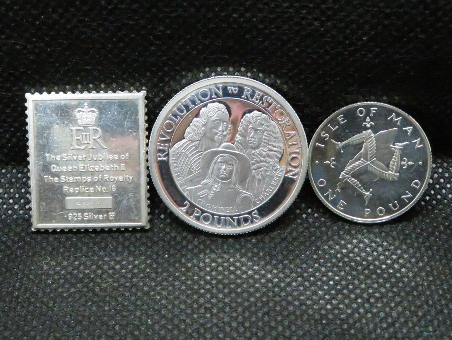 Jersey silver £2 Isle of Man silver £1 and replicat 1penny silver postage coin - Image 2 of 2