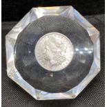 USA 1889 silver dollar set in paperweight