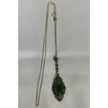 Vintage silver marquisite and green agate pendant on silver chain 5.5g