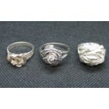 3x silver floral design rings 19g