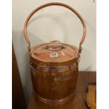 Wooden copper banded peat bucket with copper lid and handle