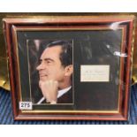 Richard Nixon US president signed when vice president framed together with coloured photo - very