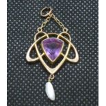 Early 9ct Arts and Crafts Celtic pendant with natural pearl and amethyst