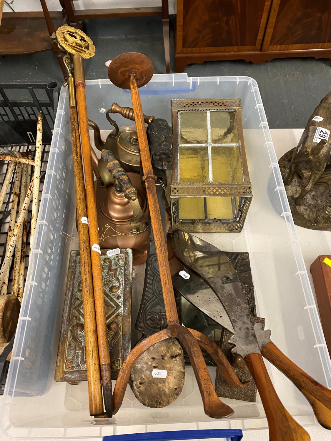 Box of copper and brass ware, candlesticks, blotters knives and lamp