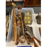 Box of copper and brass ware, candlesticks, blotters knives and lamp