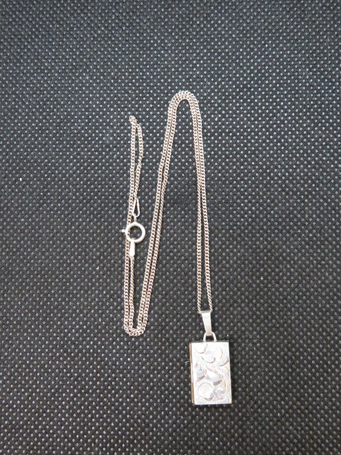 Unusual oblong silver locket HM Birmingham 16" silver chain