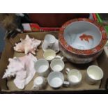 Collection of early Coronation cups, shells and Japanese fish bowl