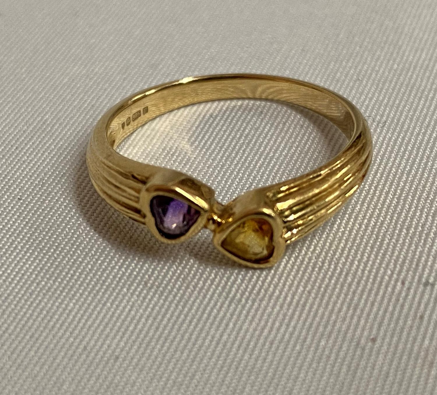 9ct gold bypass ring set with heart shaped amethyst and citrine fully HM 2g