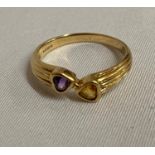 9ct gold bypass ring set with heart shaped amethyst and citrine fully HM 2g
