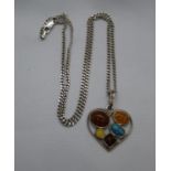Silver multi stone heart pendant set with amber and turquoise stone on 18" curb link silver chain 9g