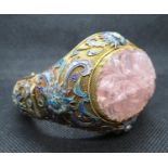 Large cloisonne and filigree 14ct gold bracelet with large rose quartz stone frontpiece HM 14ct 111g