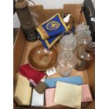 Collection of costume jewellery, chemical bottles, masonic ware, pit lamp