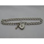 Dainty silver curb link bracelet with lock chain and key 9.2g