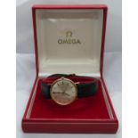 Gentleman's 9ct gold Omega watch with original strap, box and full paperwork including outer box