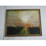 Large oil painting in gilded frame of Sunset