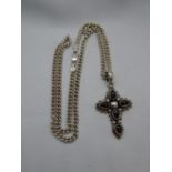 Silver stylised cross set with 4x cabochon almanine garnet stones on 18" silver curb chain 20g