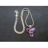 Silver trefoil pendant set with 3 large amethyst stone 18" bobble chain 16g