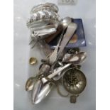 Mixture of silver jewellery, lighter, thimbles, forks, spoons and coins